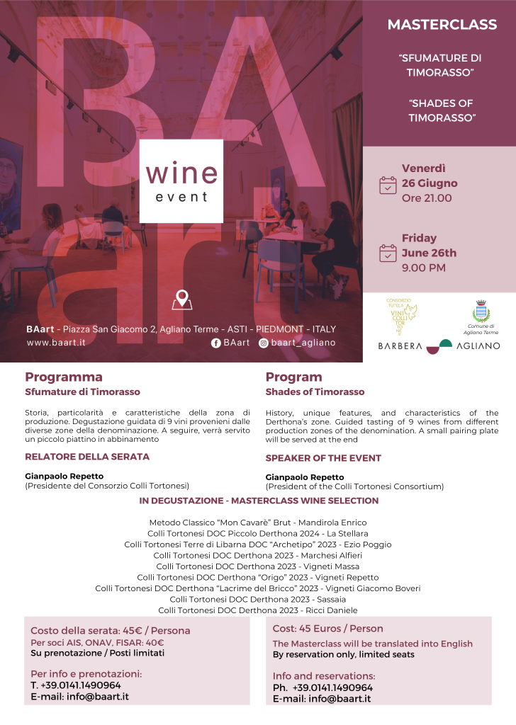 WINE EVENT: MASTERCLASS "SFUMATURE DI TIMORASSO", 26 giugno 2026